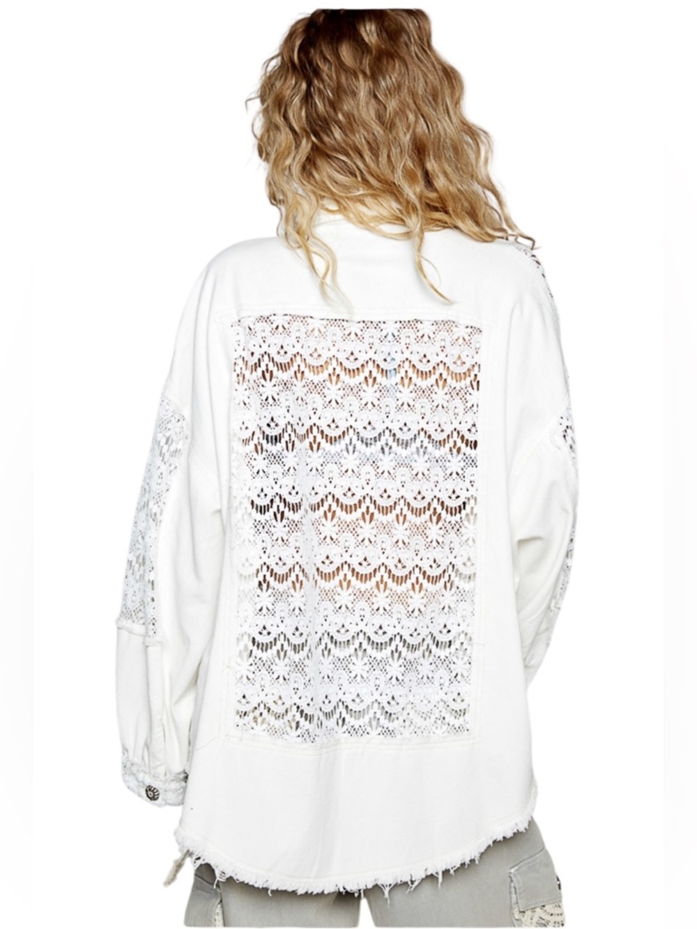 POL White Cotton Twill Lace Long Sleeve Shacket